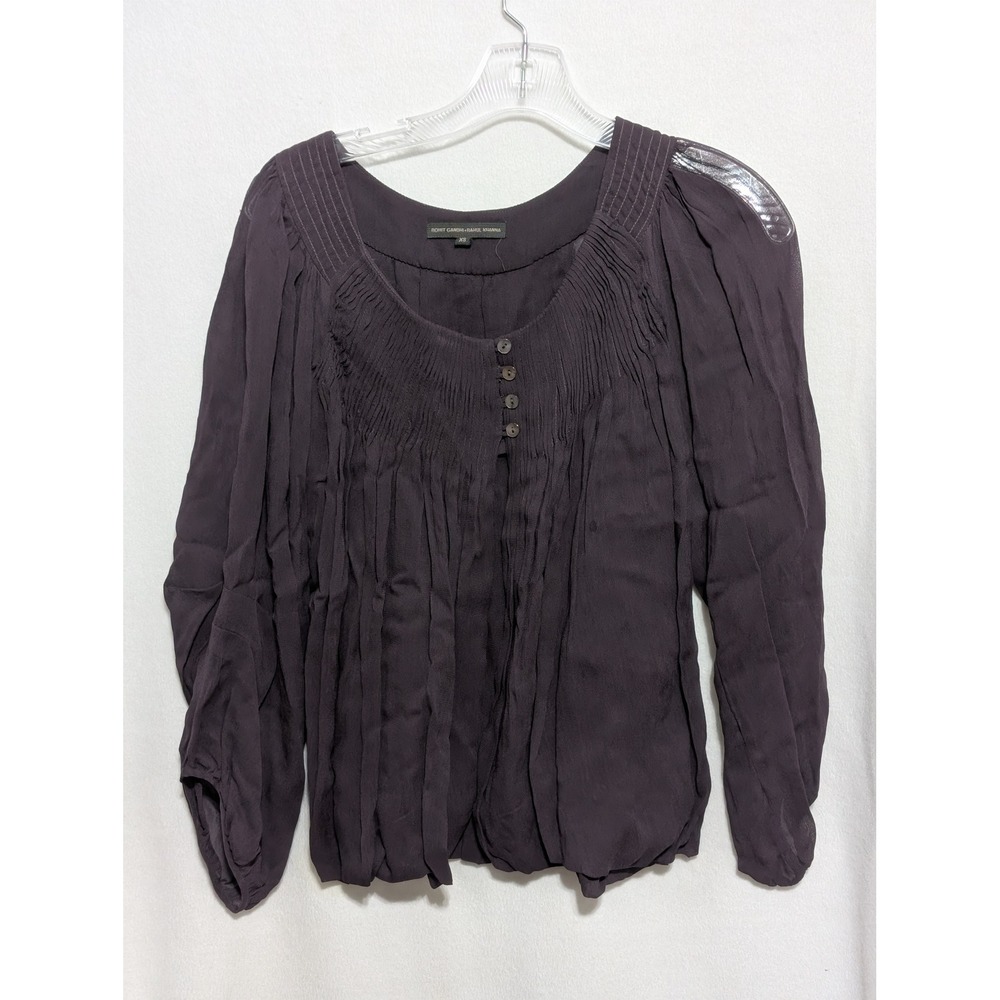 Rohit Gandhi Rahul Khanna Purple Pleated Silk Blouse Long Sleeve Button Top XS